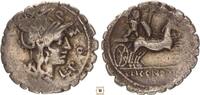 Roman Republic AR denarius L. Pomponius Cn. F., Head of Roma / Gallic warrior /Bituitus/ in biga -