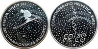 Schweiz Ski WM - St. Moritz 20 Franken 2003 B PP, Rand verfärbt, kl. Milchflecken