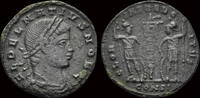 Roman AE3 Delmatius AE3 two soldiers standing front -