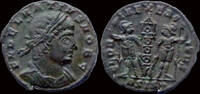 Roman AE17 Delmatius AE3 two soldiers holding spears and shields -