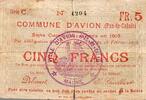 France 5 Francs COUNTY 62210 - PLANE - MUNICIPAL VOUCHERS - 5 FRANCS - 02/18/1915 -