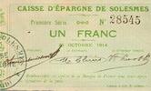 France 1 Franc County 59730 - SOLESMES - SAVINGS BANK - 1 FRANC - 10/25/1914 - 1ST SERIES -