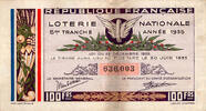France 1935 FRENCH REPUBLIC - NATIONAL LOTTERY - 100 Frs - 5RD RANK - 19... 2.96 &pound;  +  13.12 &pound; shipping