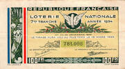 France 1934 FRENCH REPUBLIC - NATIONAL LOTTERY - 100 Frs - 7RD RANK - 19... 2.12 &pound;  +  13.12 &pound; shipping