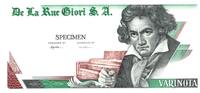 Switzerland 1 douzain 1 Varinota, Test Note - De la Rue Giori - Beethoven - Uniface Green and Off-White -