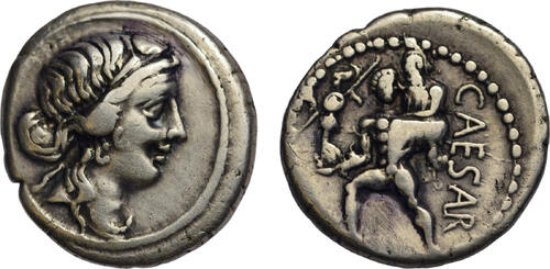 Roman Imperatorial AR denarius c. 48-46 BC Julius Caesar, military mint in North Africa, Venus/Aenea