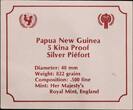 PAPUA-NEW GUINEA , P1 , Silver, 5 Kina , 1982, Proof, I.Y.C. Piefort. Very Rare silver proof Piefort in excellent condition. On