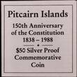 1988 PITCAIRN ISLANDS , KM# 1 , Silver, 50 Dollars, 1988, Proof, Drafting of Constitution, 1838-1988. Sloop "Fly" with sails furled.