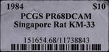 SINGAPORE, KM# 33a , Silver, 10 Dollars, 1984, Proof, Year of the Rat. Coin has been removed from PCGS holder! Coin in excellent