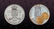 NETHERLANDS ANTILLES 10 Gulden NETHERLANDS ANTILLES , KM# 56 , Silver, 10 Gulden, 2001, Proof, Gold Trade Coins: Karl IV (1316-1378). With gold inserts replica -