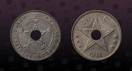 BELGIAN CONGO 20 Centimes BELGIAN CONGO , KM# 19 , Copper-Nickel, 20 Centimes , 1911, Mint Strike, With round hole in the center of the coin. -