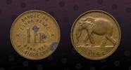 BELGIAN CONGO 1 Franc BELGIAN CONGO , KM# 26 , Brass, 1 Franc , 1944, Mint Strike, Elephant left. Nice coin! -