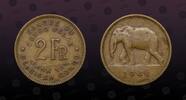 BELGIAN CONGO 2 Francs BELGIAN CONGO , KM# 28 , Brass, 2 Francs , 1946, Mint Strike, Elephant left. Nice coin! -