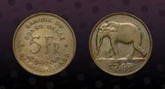BELGIAN CONGO 5 Francs BELGIAN CONGO , KM# 29 , Brass, 5 Francs , 1947, Mint Strike, Elephant left. Nice coin! -
