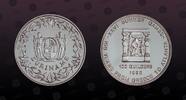 SURINAME 100 Guilder SURINAME, KM# 49 , Copper-Nickel, 100 Guilder, 1996, Proof, Olympics - Discus thrower flanked by sprigs within pillars. Edge: Re -