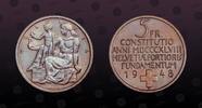 SWITZERLAND 5 Francs SWITZERLAND, KM# 48 , Silver, 5 Francs, 1948B, Mint Strike, Swiss Constitution Centennial. Nice silver coin! -