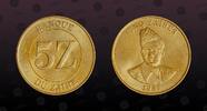 ZAIRE 5 Zaires ZAIRE, KM# 14 , Brass, 5 Zaires, 1987, Mint Strike, Mobutu. Coin in excellent condition! -