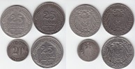 Kaiserreich 20 & 25 Pfennig 1875 C, 1910 F und 1911 A (4 Stück) -