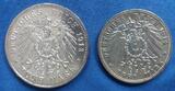 Deutsches Reich 3 & 5 Mk. 1913/14 Kaiser Wilhelm II. in Gardeuniform, Set beide Nominalen EF