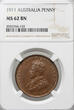 Australia Penny 1911 NGC MS 62 BN