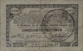 FRENCH EMERGENCY NOTES 50 centimes Pas de Calais, Somme et Nord, Groupement de 70 communes. Billet. série 1H -