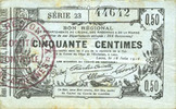 FRENCH EMERGENCY NOTES Aisne, Ardennes et Marne - Bon régional. Laon. Billet. 50 cmes 16.6.1916, série 23 -