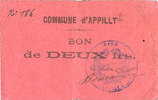 FRENCH EMERGENCY NOTES 2 francs Appilly (60). Commune. Billet. n. d. -