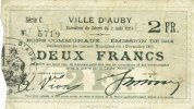 FRENCH EMERGENCY NOTES 2 francs Auby (59). Ville. Billet. -