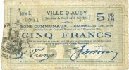 FRENCH EMERGENCY NOTES 5 francs Auby (59). Ville. Billet. -