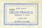FRENCH EMERGENCY NOTES 2 francs Auchel (62). Compagnie Ferfay. Billet. -
