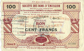FRENCH EMERGENCY NOTES 100 francs Gommegnies (59). Société des Bons d'Emission. Billet. série 3 -