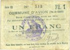 FRENCH EMERGENCY NOTES 1 franc Avion (62). Commune. Billet. série B -