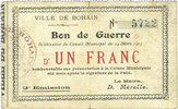 FRENCH EMERGENCY NOTES 1 franc Bohain (02). Ville. Billet. Bon de guerre. 14.3.1915, 2e émission -
