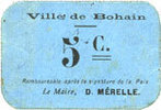 FRENCH EMERGENCY NOTES Bohain (02). Ville. Billet. 5 cmes, carton bleu -