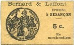 FRENCH EMERGENCY NOTES 5 centimes Besançon (25). Bernard & Laffont, épicerie. Billet. -