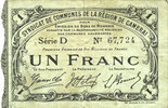 FRENCH EMERGENCY NOTES 1 franc Cambrai (59). Syndicat de Communes de la Région de Cambrai. Billet. 10.5.1916, série D -