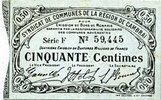 FRENCH EMERGENCY NOTES Cambrai (59). Syndicat de Communes de la Région de Cambrai. Billet. 50 cmes 10.5.1916, série F -