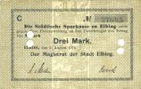 GERMANY - EMERGENCY NOTES (1914-1923) A - J 3 mark Elbing (Elblag, Pologne). Städtische Sparkasse. Billet. 5.8.1914, annulation par perforations -