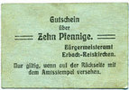 GERMANY - EMERGENCY NOTES (1914-1923) A - J 10 pfennig Erbach-Reiskirchen. Gemeinde. Billet. au dos, numérotation manuscrite en noir... -