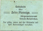 GERMANY - EMERGENCY NOTES (1914-1923) A - J 10 pfennig Erbach-Reiskirchen. Gemeinde. Billet. au dos, numérotation manuscrite en noir... -