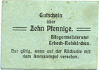 GERMANY - EMERGENCY NOTES (1914-1923) A - J 10 pfennig Erbach-Reiskirchen. Gemeinde. Billet. au dos, numérotation manuscrite en noir... -
