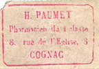 FRENCH EMERGENCY NOTES Cognac (16). Pharmacie de 1ère classe - H. PAUMET, 8 rue de l'Eglise. Billet. 25 cmes, carton parme -