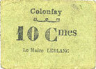 FRENCH EMERGENCY NOTES 10 centimes Colonfay (02). Commune. Billet. -