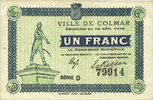 FRENCH EMERGENCY NOTES 1 franc Colmar (68). Ville. Billet. 15.12.1918, série D -