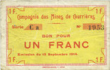 FRENCH EMERGENCY NOTES 1 franc Courrières (62). Compagnie des Mines. Billet. du 15.9.1914, série Ca -