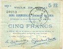 FRENCH EMERGENCY NOTES 5 francs Douai (59). Ville. Billet. 30.8.1914, série D6 -