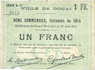 FRENCH EMERGENCY NOTES 1 franc Douai (59). Ville. Billet. 30.8.1914, série B5 -