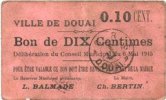 FRENCH EMERGENCY NOTES 10 centimes Douai (59). Ville. Billet. 6.5.1915, papier rose -