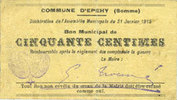 FRENCH EMERGENCY NOTES 50 centimes Epehy (80). Commune. Billet. -