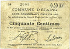 FRENCH EMERGENCY NOTES 50 centimes Etaing (62). Commune. Billet. -